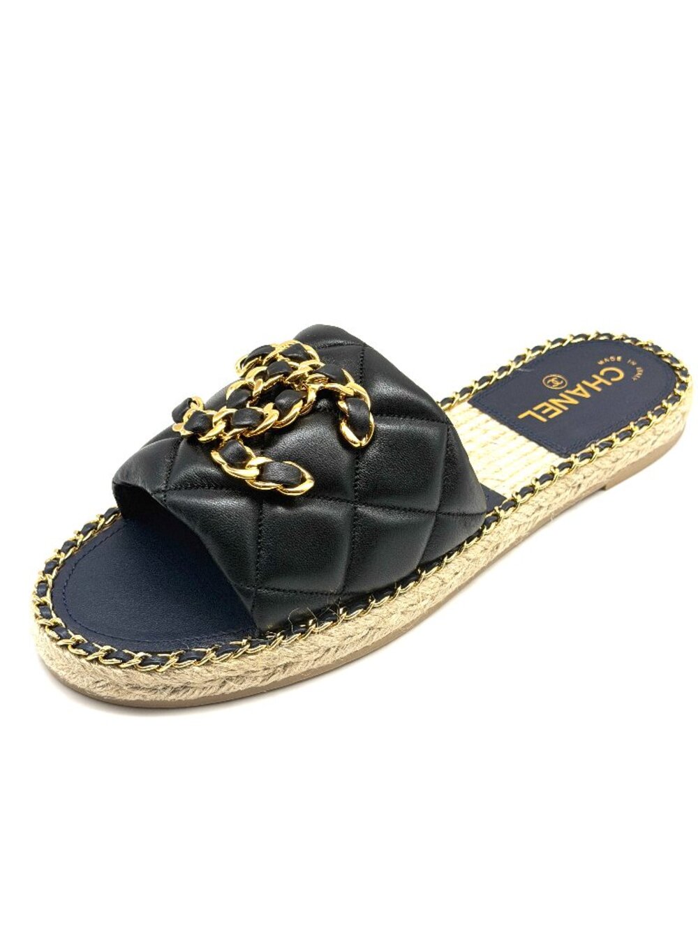CHANEL 25P Quilted Leather Chain CC Flat Slide Mules Espadrille Sandals